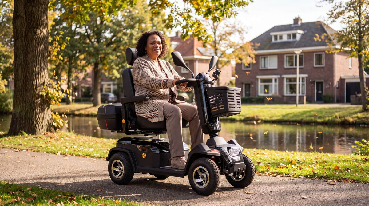 Vrouw rijdt op een scootmobiel door een zonnig stadspark - wat is een scootmobiel