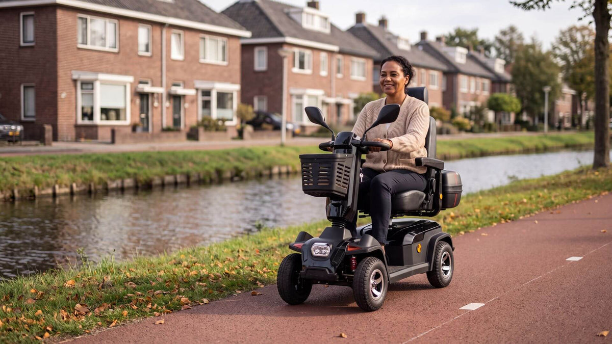Vrouw rijdt zonder rijbewijs op een scootmobiel over een fietspad langs een gracht - scootmobiel rijbewijs