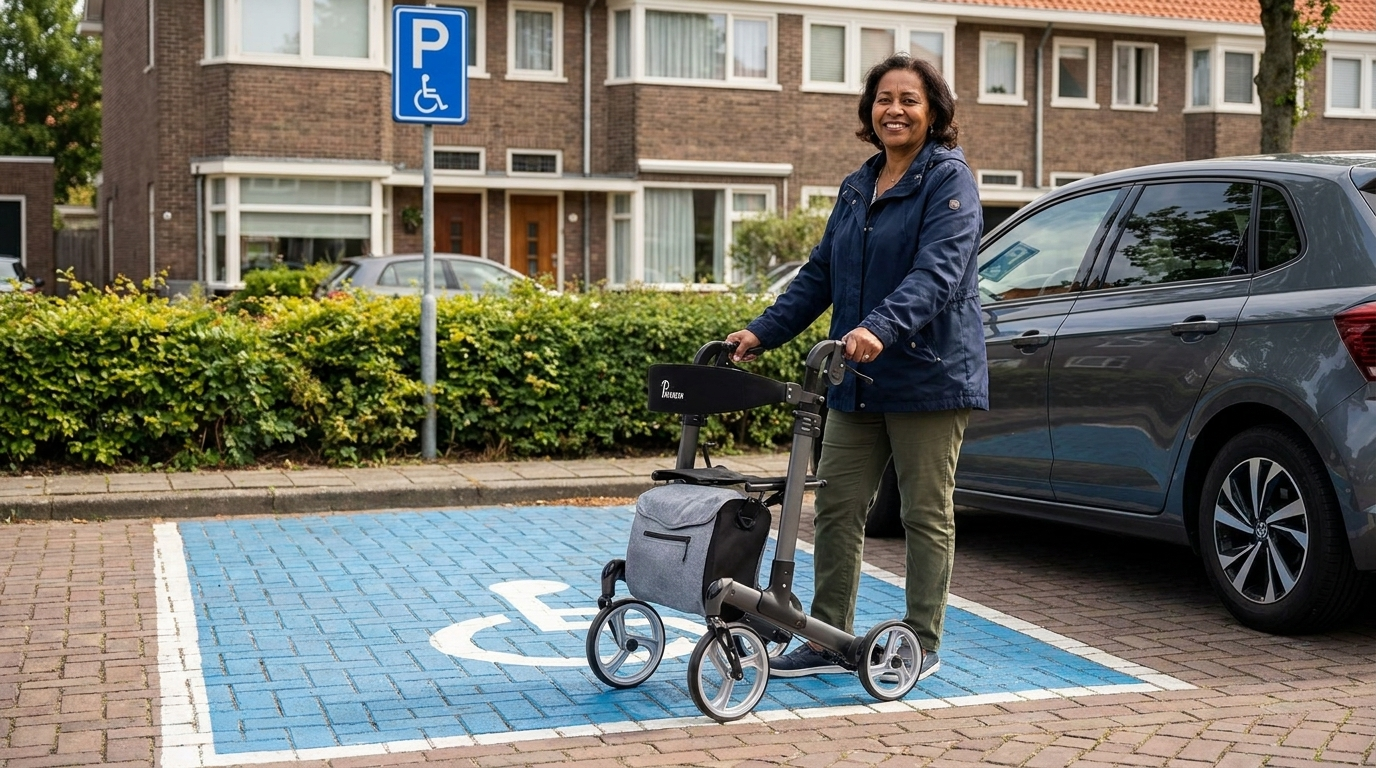 Vrouw parkeert met gehandicaptenparkeerkaart op een gehandicaptenparkeerplaats naast haar rollator