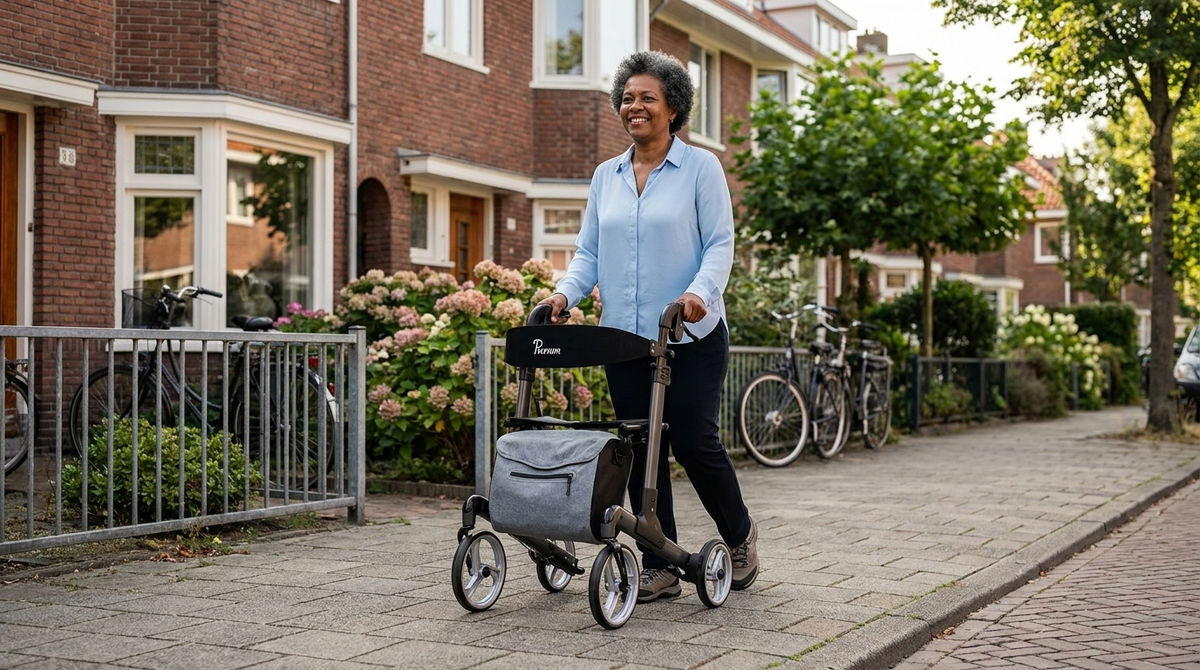 Valpreventie bij ouderen - vrouw wandelt veilig met een grijze Parvum rollator door een Nederlandse woonstraat