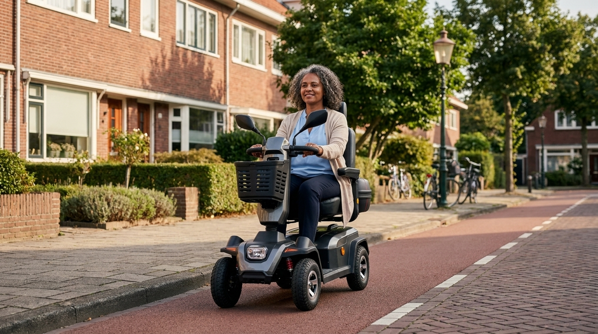 Scootmobiel of brommobiel: vrouw rijdt op een grijze 4-wiel scootmobiel door een Nederlandse woonwijk