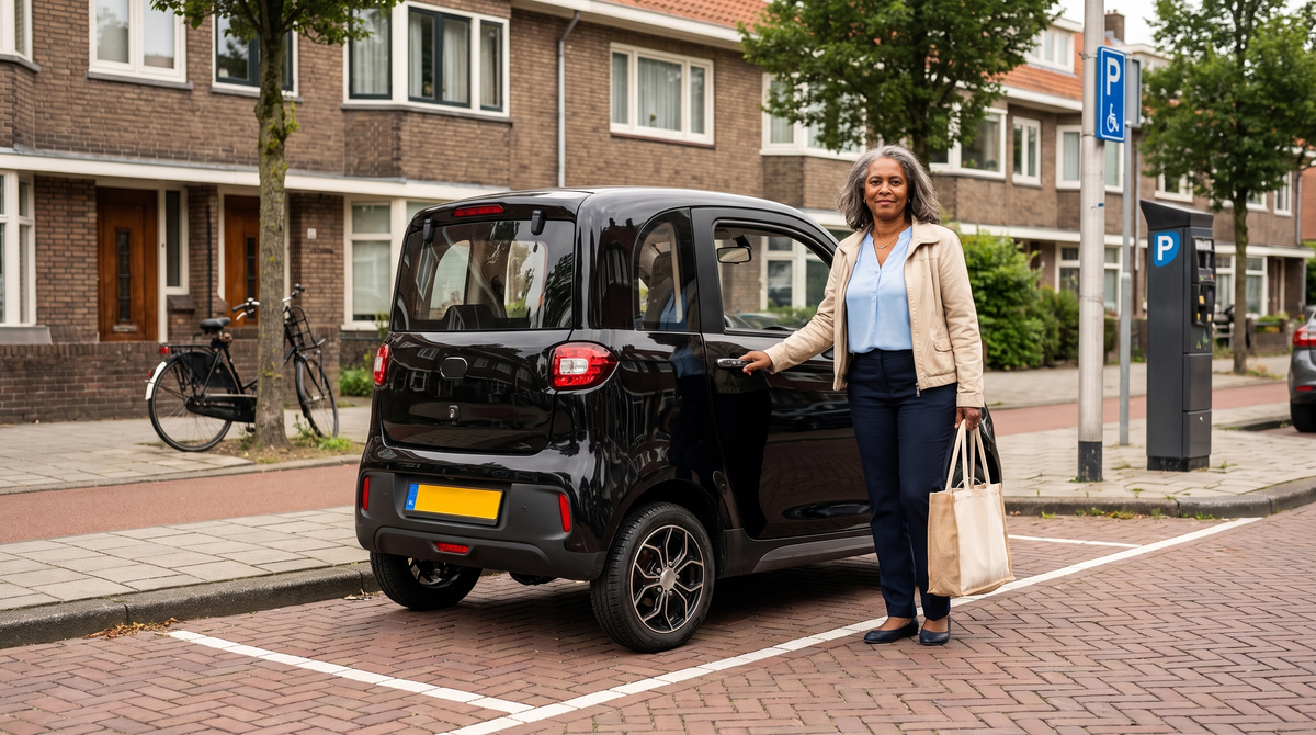 Brommobiel parkeren: vrouw bij haar zwarte elektrische brommobiel in een parkeervak in een Nederlandse woonstraat