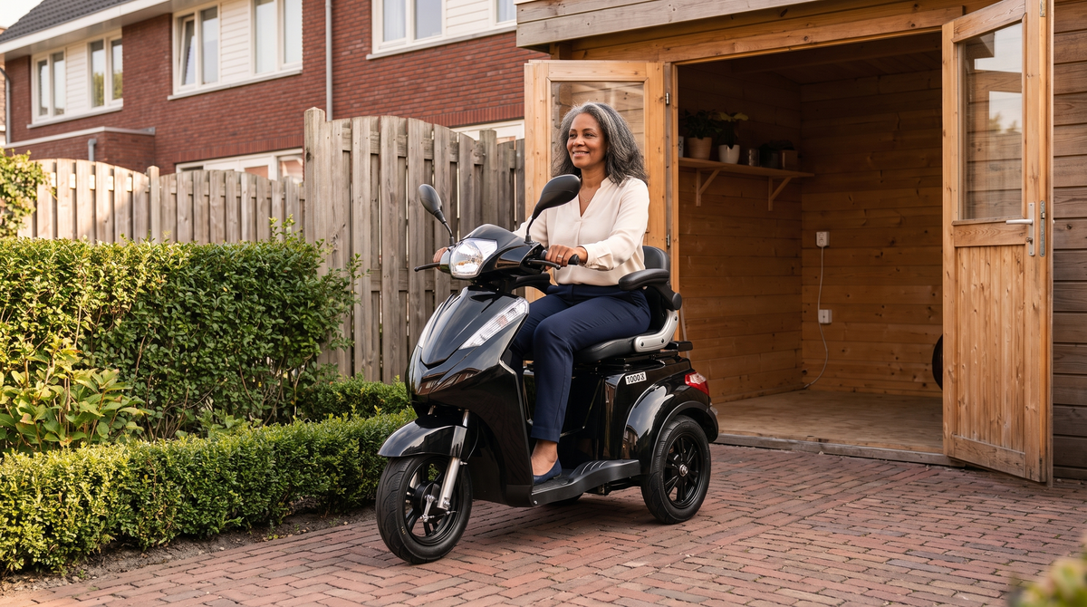 Vrouw rijdt haar zwarte IVA E1000 scootmobiel de houten berging in: scootmobiel stalling in een Nederlandse tuin