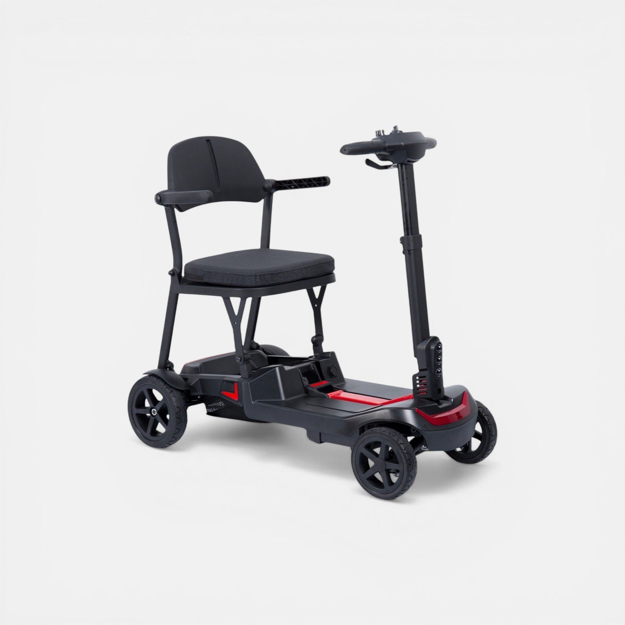 Opvouwbare scootmobiel GoVida IVA Traveler 500 in zwart en rood, eenvoudig opvouwbaar voor gemakkelijke mobiliteit.