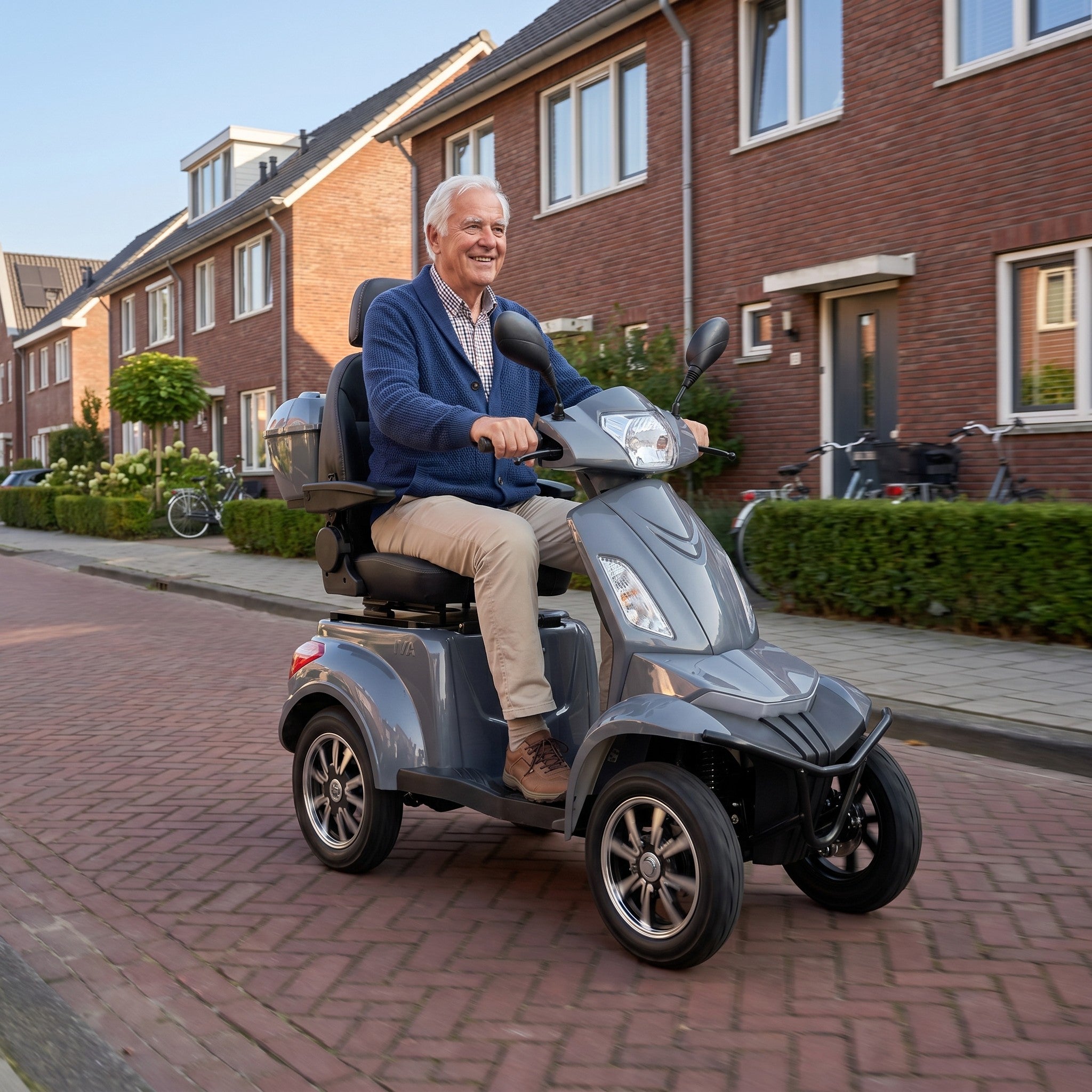 GoVida IVA S1000 grijze scootmobiel met comfortabele stoel en stuur, geschikt voor mobiliteit en gemak.