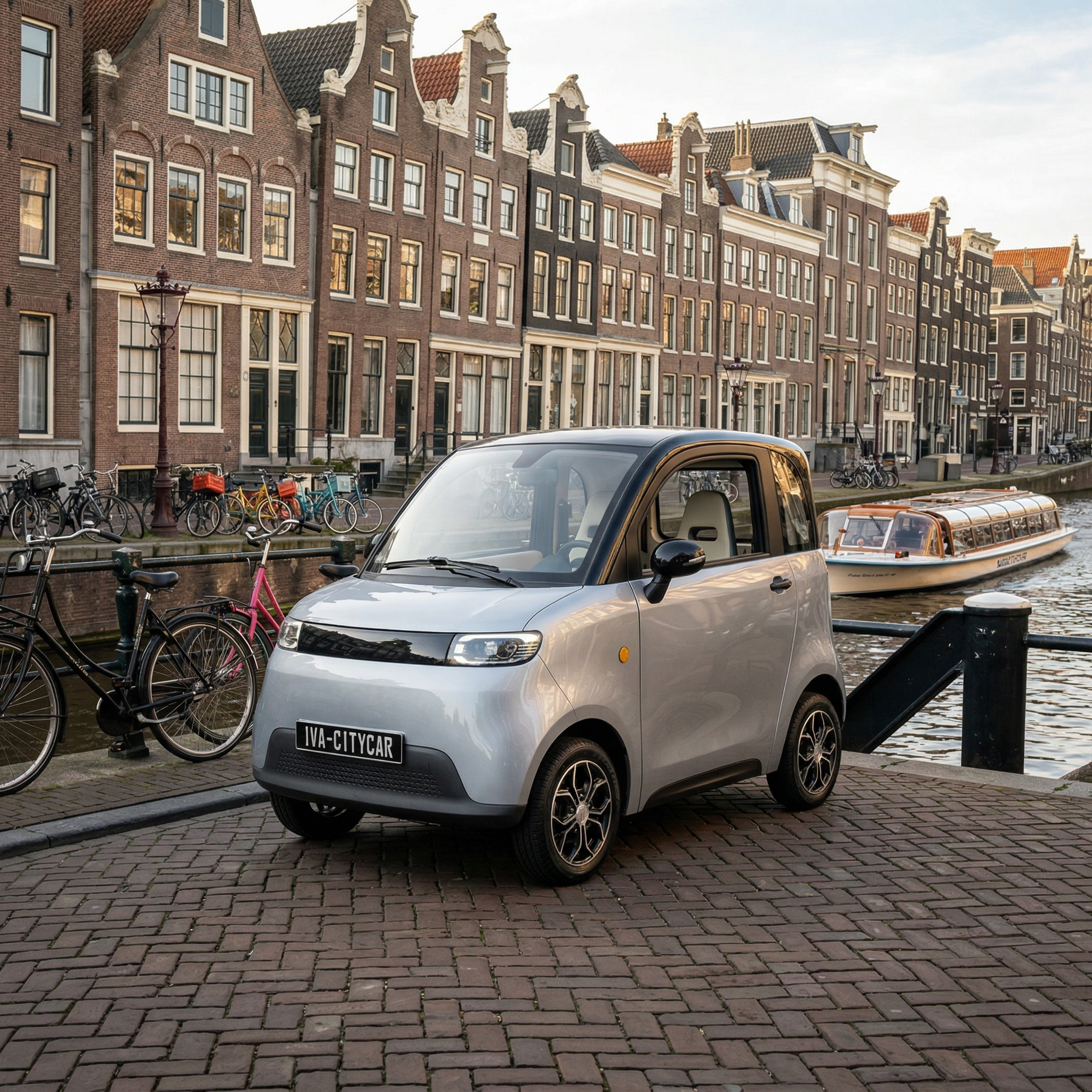 Zwarte CityCar A05 brommobiel van GoVida, compact en modern met vier wielen en elektrische aandrijving, zichtbaar vanaf de zijkant