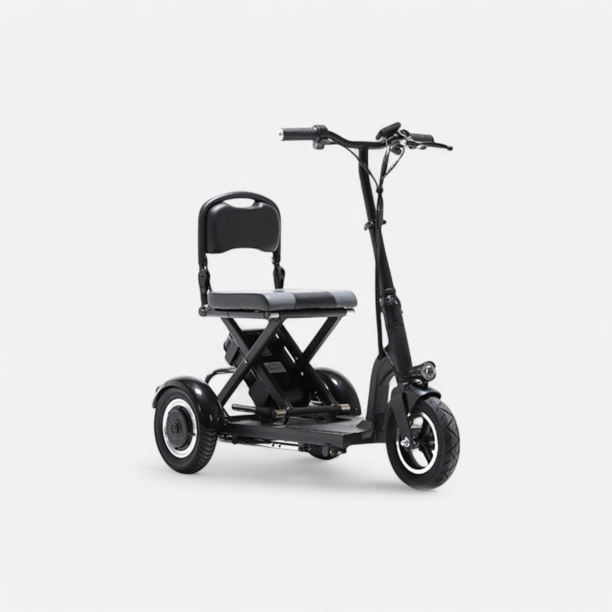 GoVida IVA Traveler 300 Zwart, a black foldable mobility scooter, displayed in a compact, portable position.