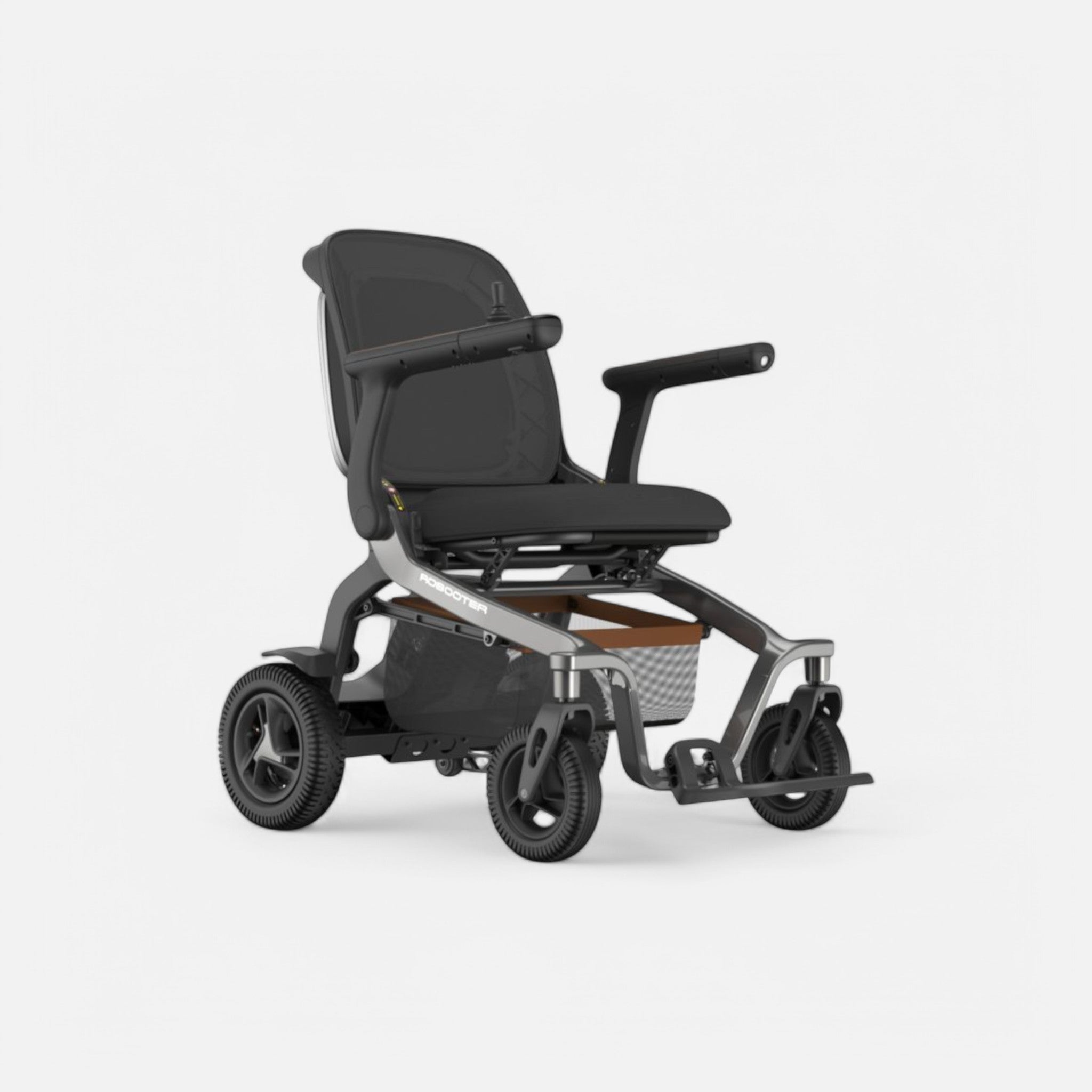 GoVida Robooter E40 in grey, featuring a modern design and sturdy wheels for mobility and support in a wheelchair.