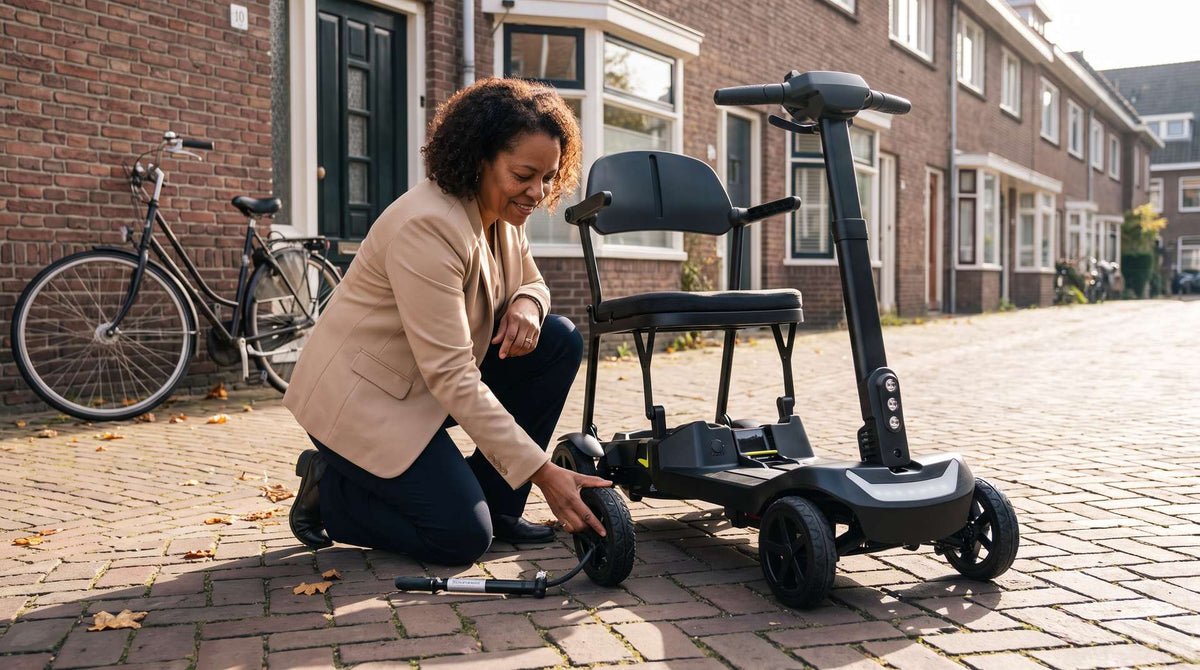 Vrouw controleert de bandenspanning van een opvouwbare scootmobiel: onderhoud scootmobiel