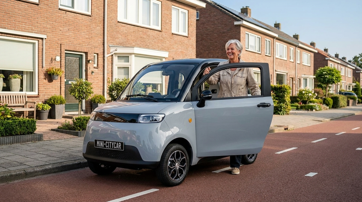 Brommobiel rijbewijs - vrouw stapt in de grijze CityCar A05 brommobiel in een Nederlandse woonstraat