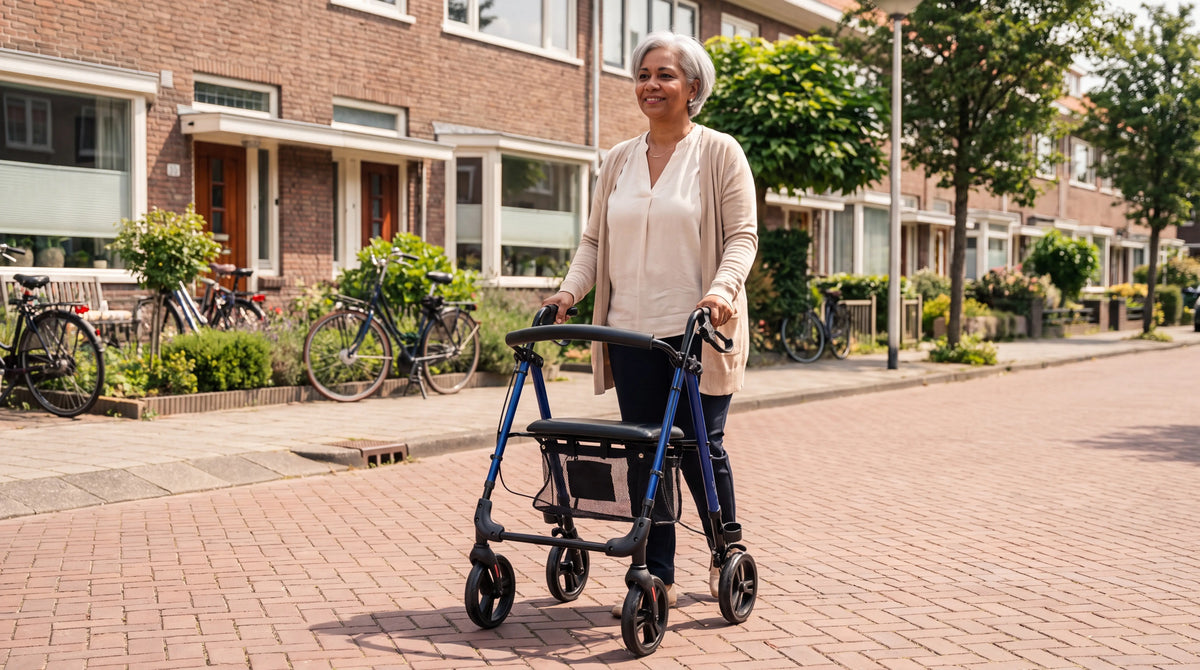 Rollator kopen: vrouw wandelt met lichtgewicht Parvum Nova rollator in een Nederlandse woonwijk