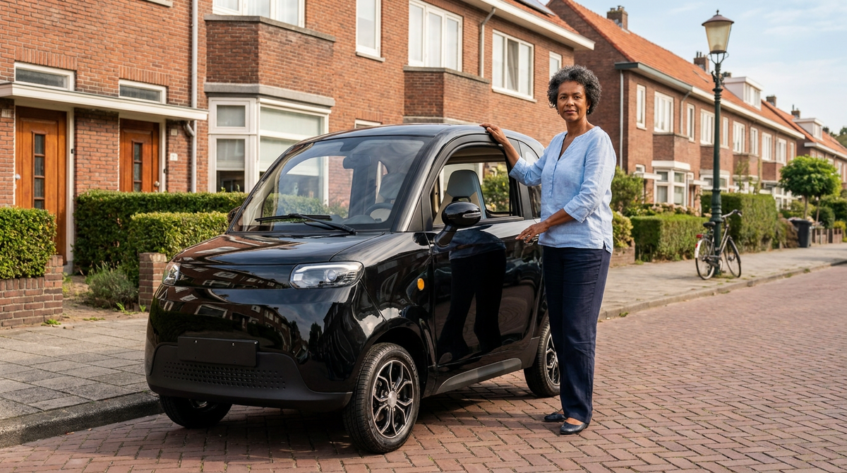 Overdekte scootmobiel - vrouw stapt in een zwarte gesloten brommobiel in een Nederlandse woonstraat