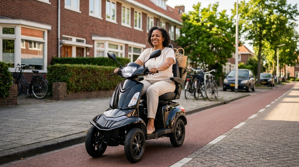 Vrouw rijdt op een zwarte 4-wiel IVA S1000, een scootmobiel voor zware personen, in een Nederlandse woonwijk