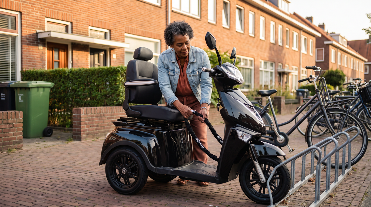 Vrouw zet haar scootmobiel met een kettingslot vast aan een fietsenrek in een Nederlandse woonwijk - scootmobiel slot