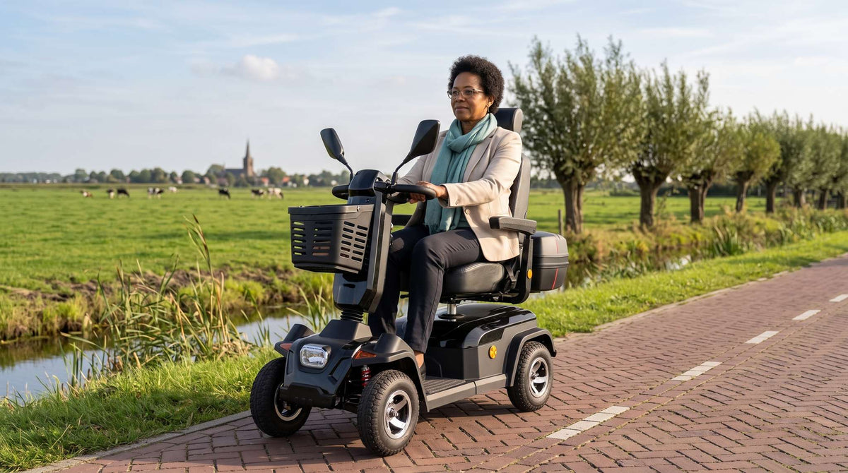 Vrouw rijdt op een scootmobiel over een Nederlandse polderweg, blog over scootmobiel 45 km per uur