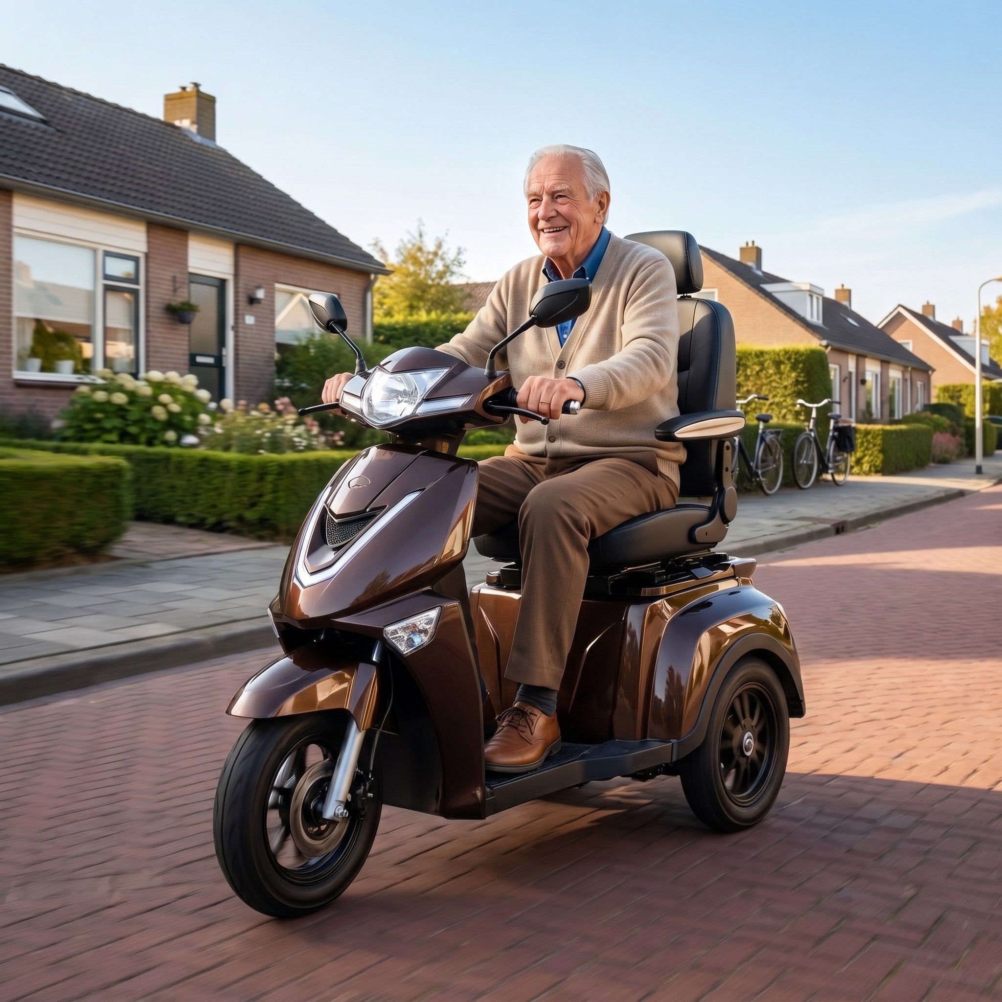 GoVida IVA Z1000 bruine scootmobiel met comfortabele zithouding en compacte design, geschikt voor mobiliteit en gemak.