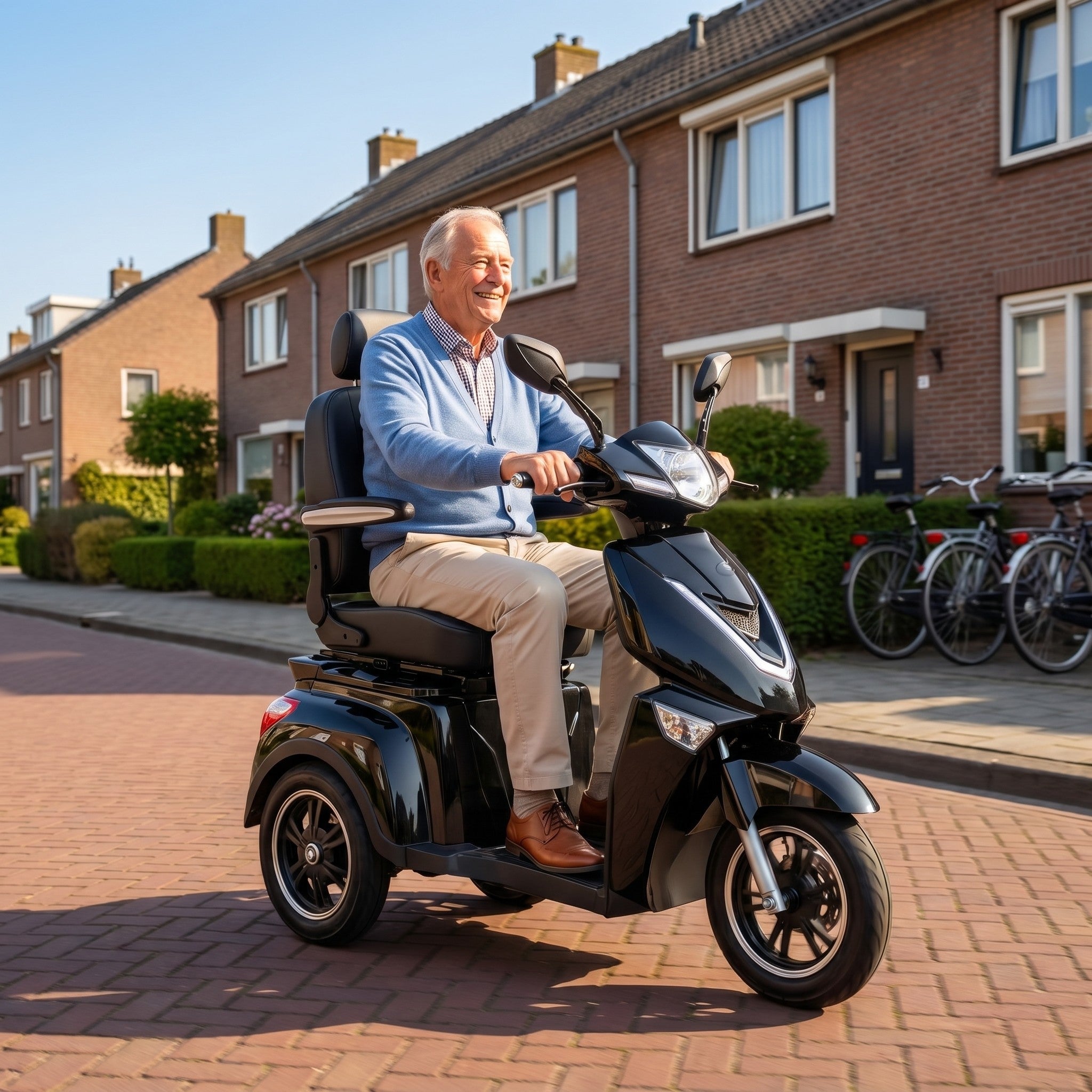 Donkere GoVida IVA Z1000 scootmobiel met comfortabel zitje en controlepanelen, geschikt voor mobiliteitsondersteuning.