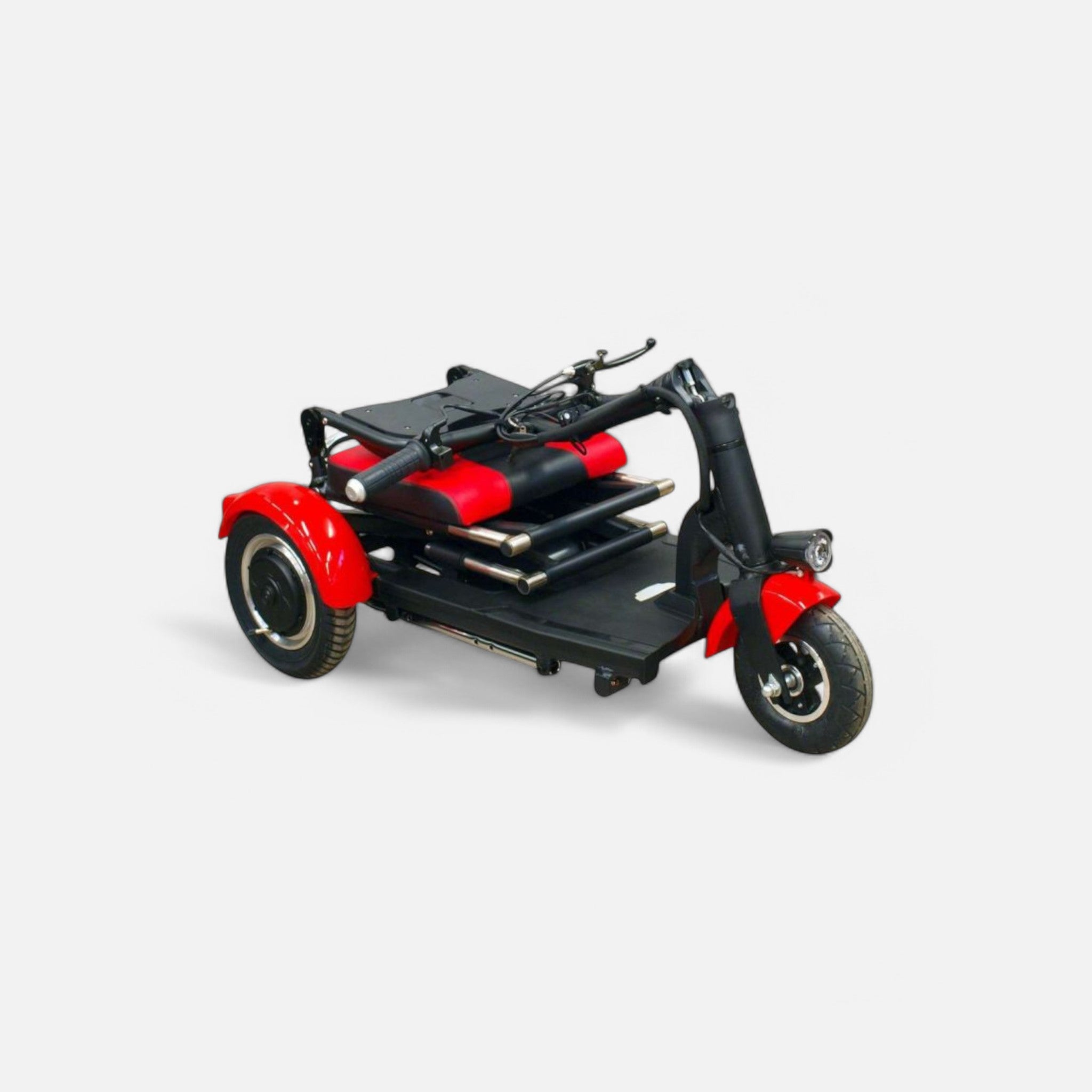 GoVida IVA Traveler 300 Rood, a compact, foldable mobility scooter in vibrant red, showcasing its sleek design and portability.